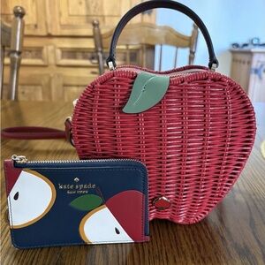 NWOT Kate Spade Red Apple Wicker Crossbody w/ Apple Card Holder